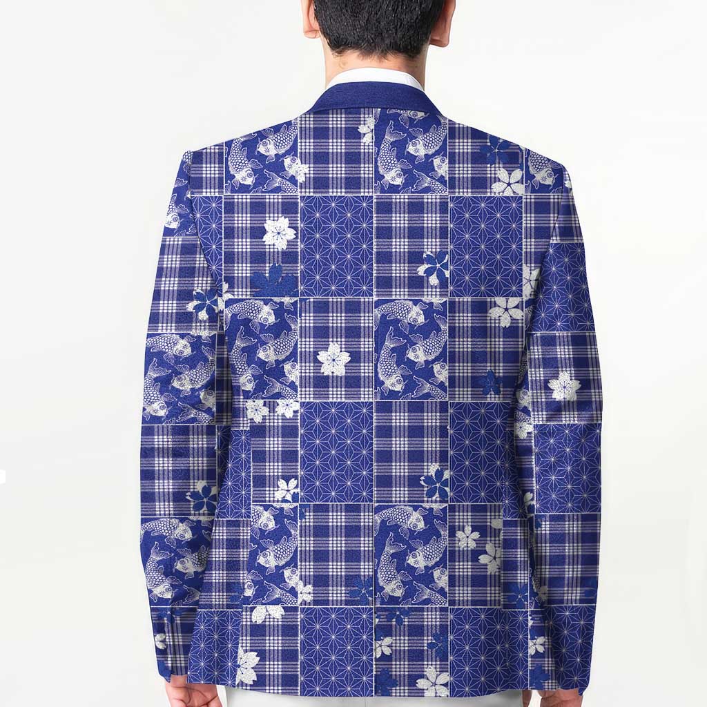 Blue Palaka Japanese Patterns Blazer Koi Fish Asanoha Sakura Patchwork Stylized LT14 - Polynesian Pride