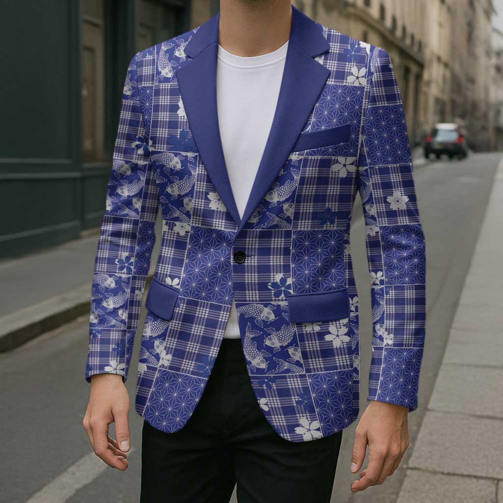 Blue Palaka Japanese Patterns Blazer Koi Fish Asanoha Sakura Patchwork Stylized LT14 - Polynesian Pride