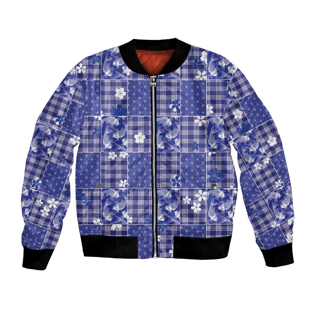 Blue Palaka Japanese Patterns Bomber Jacket Koi Fish Asanoha Sakura Patchwork Stylized LT14 Unisex Blue - Polynesian Pride