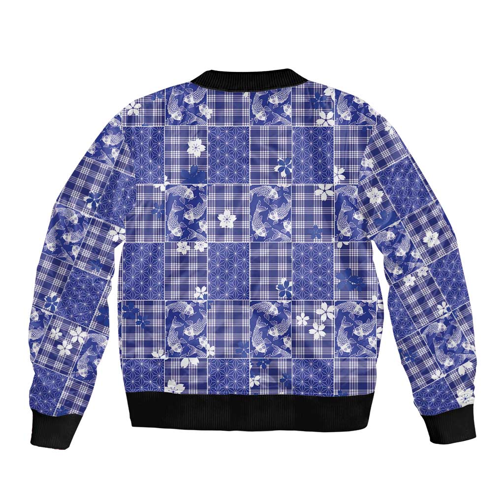 Blue Palaka Japanese Patterns Bomber Jacket Koi Fish Asanoha Sakura Patchwork Stylized LT14 - Polynesian Pride