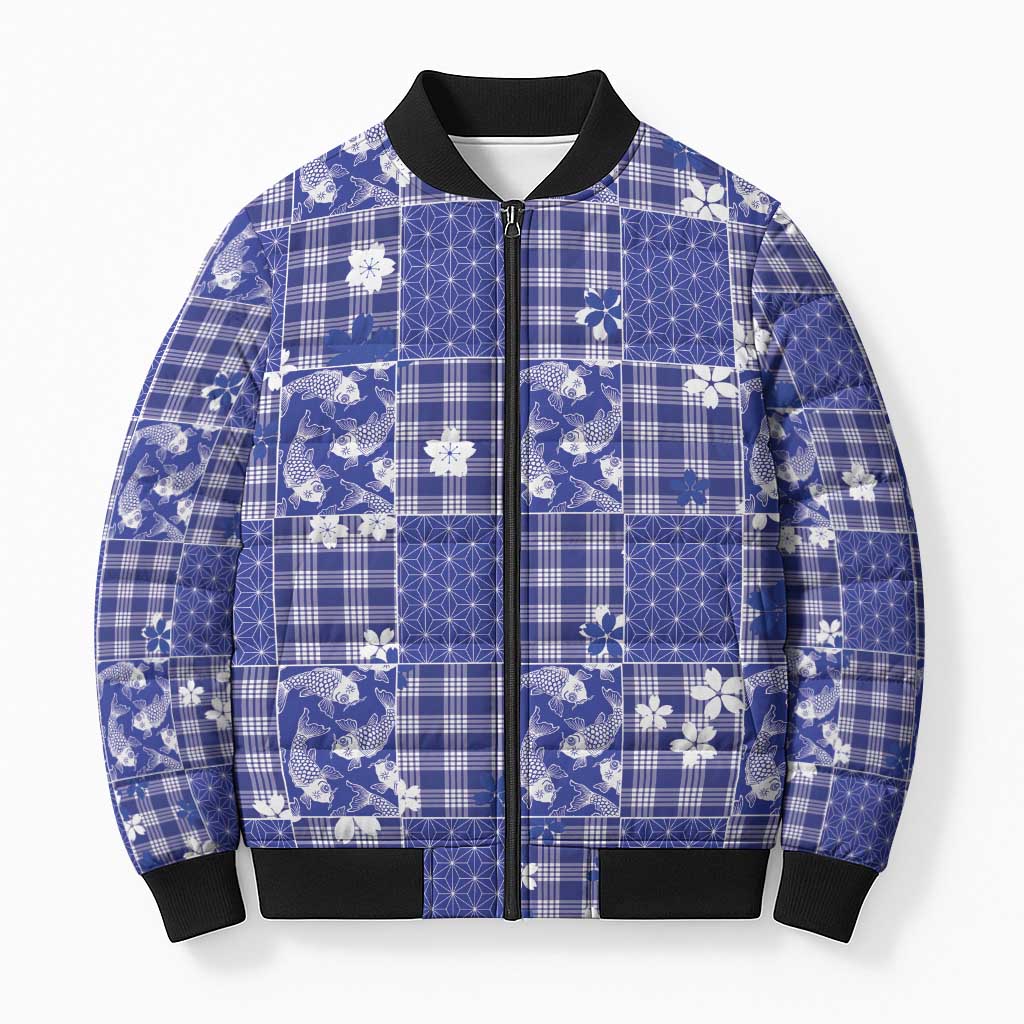 Blue Palaka Japanese Patterns Bomber Puffer Jacket Koi Fish Asanoha Sakura Patchwork Stylized - Polynesian Pride