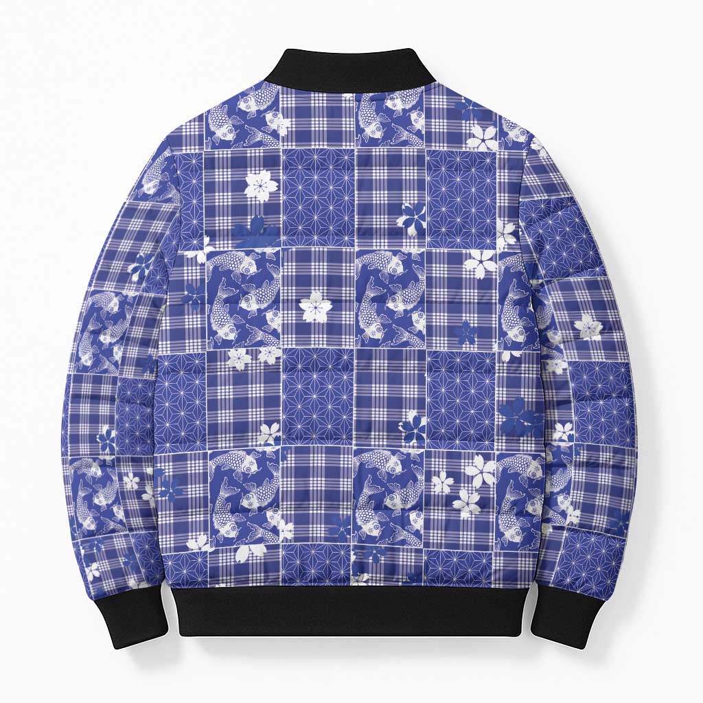 Blue Palaka Japanese Patterns Bomber Puffer Jacket Koi Fish Asanoha Sakura Patchwork Stylized - Polynesian Pride