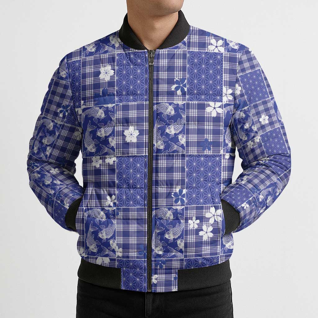 Blue Palaka Japanese Patterns Bomber Puffer Jacket Koi Fish Asanoha Sakura Patchwork Stylized - Polynesian Pride