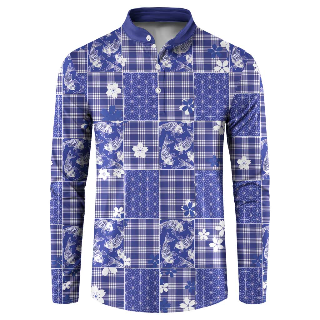 Blue Palaka Japanese Patterns Button Sweatshirt Koi Fish Asanoha Sakura Patchwork Stylized - Polynesian Pride
