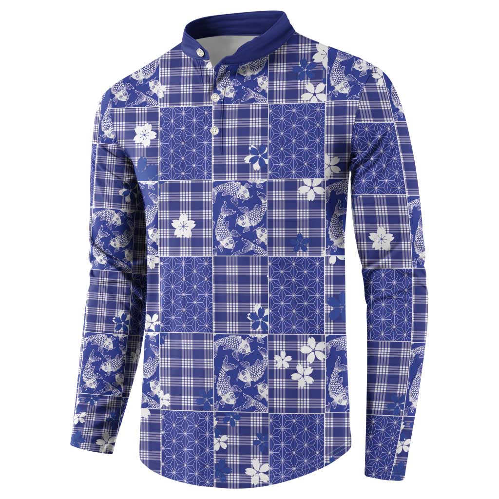 Blue Palaka Japanese Patterns Button Sweatshirt Koi Fish Asanoha Sakura Patchwork Stylized - Polynesian Pride