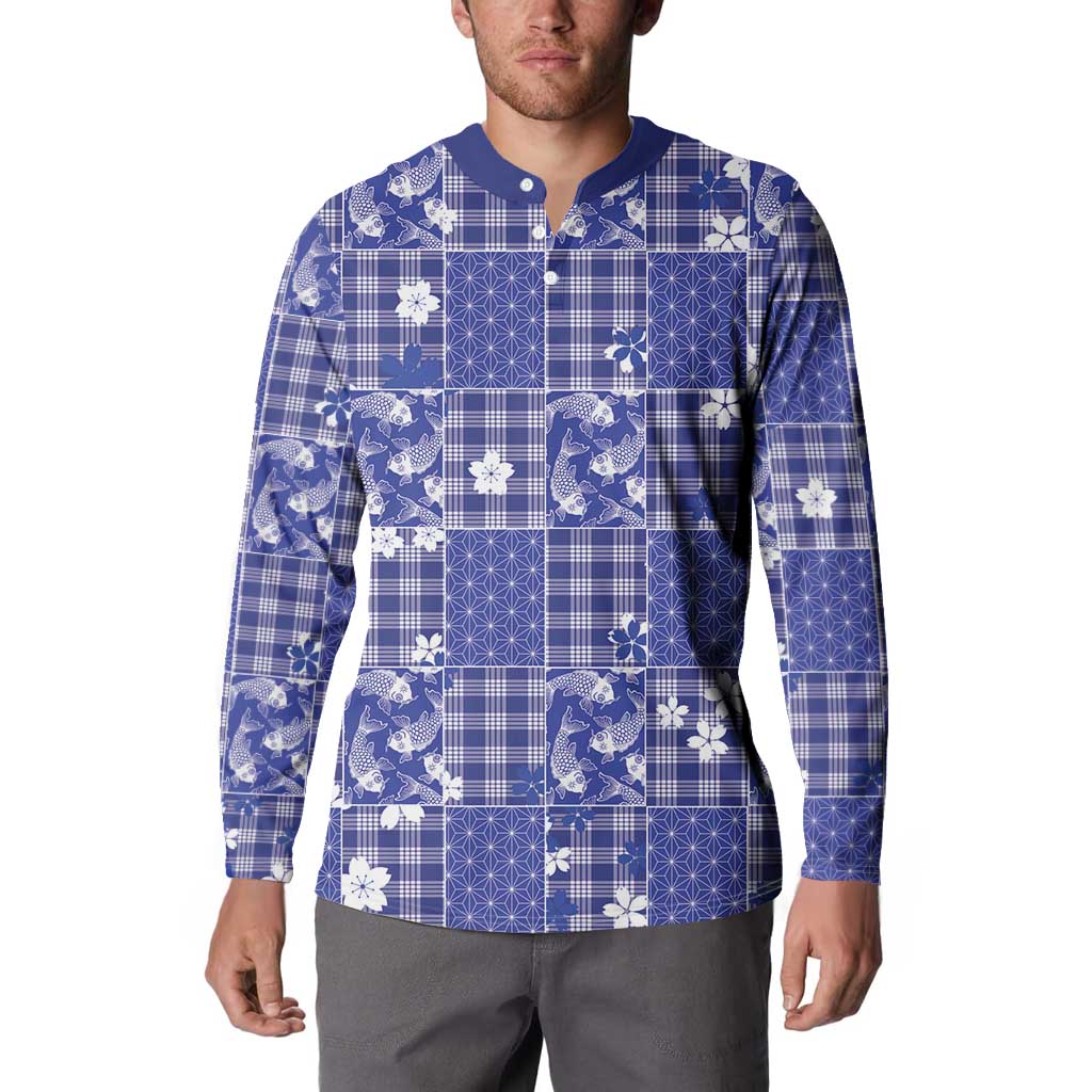 Blue Palaka Japanese Patterns Button Sweatshirt Koi Fish Asanoha Sakura Patchwork Stylized - Polynesian Pride