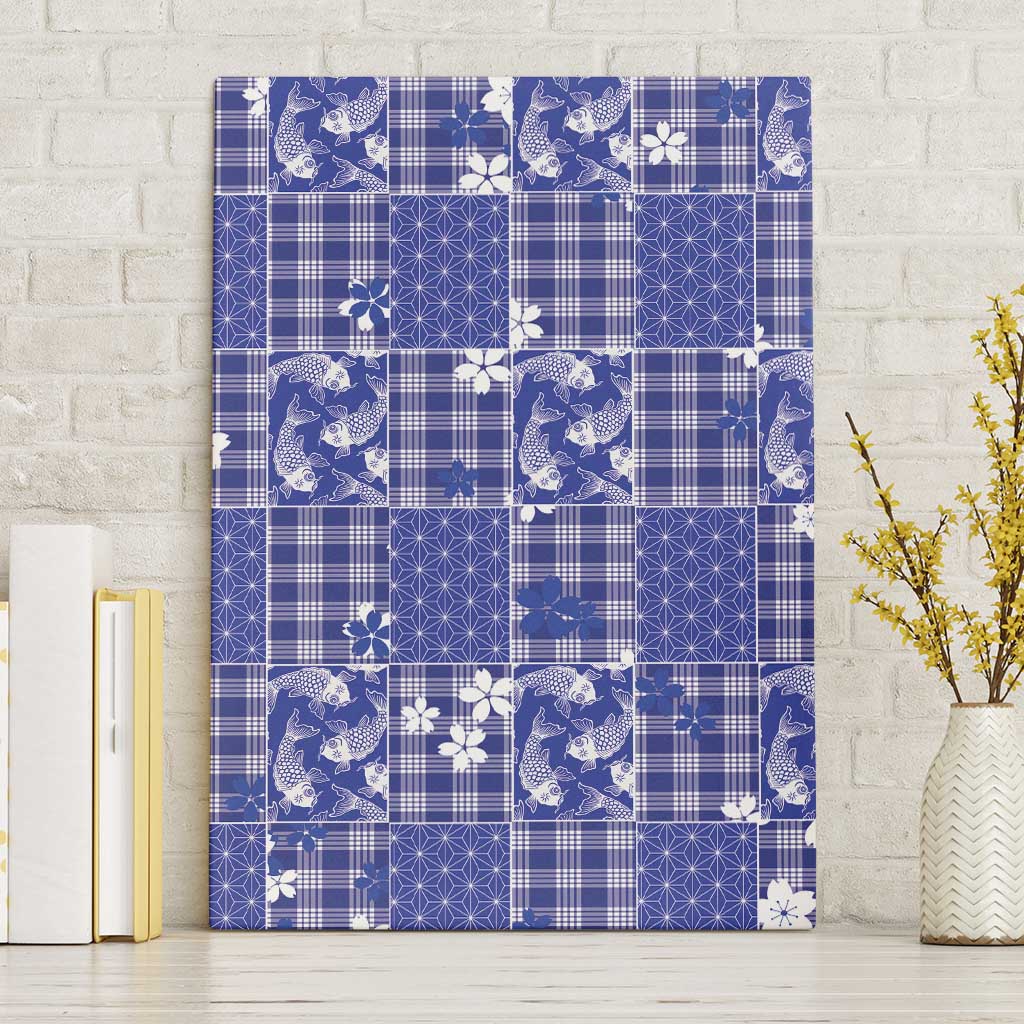 Blue Palaka Japanese Patterns Canvas Wall Art Koi Fish Asanoha Sakura Patchwork Stylized - Polynesian Pride
