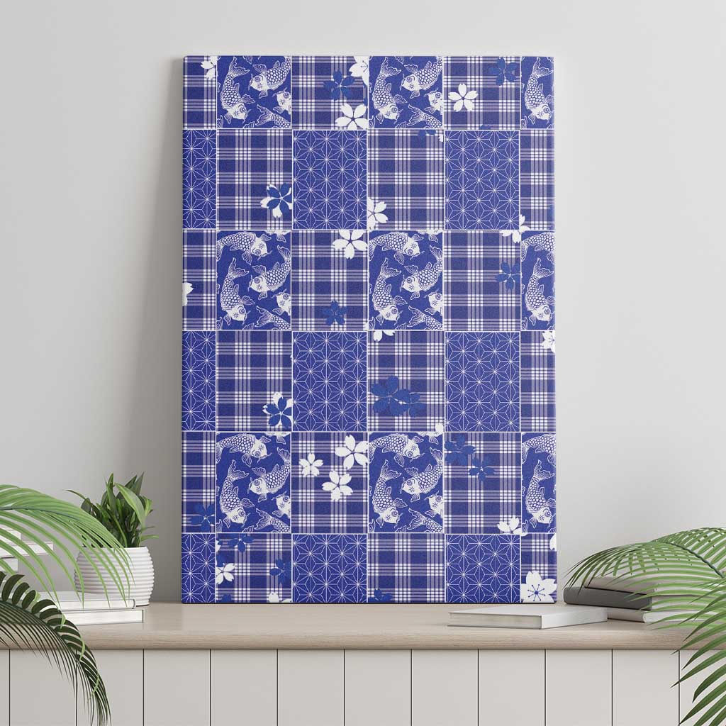 Blue Palaka Japanese Patterns Canvas Wall Art Koi Fish Asanoha Sakura Patchwork Stylized LT14 - Polynesian Pride