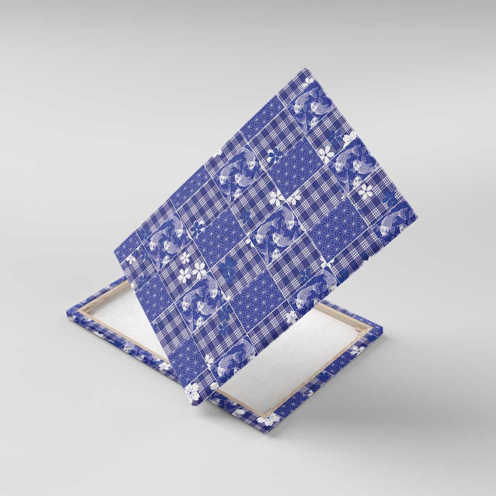 Blue Palaka Japanese Patterns Canvas Wall Art Koi Fish Asanoha Sakura Patchwork Stylized LT14 With Frame Blue - Polynesian Pride
