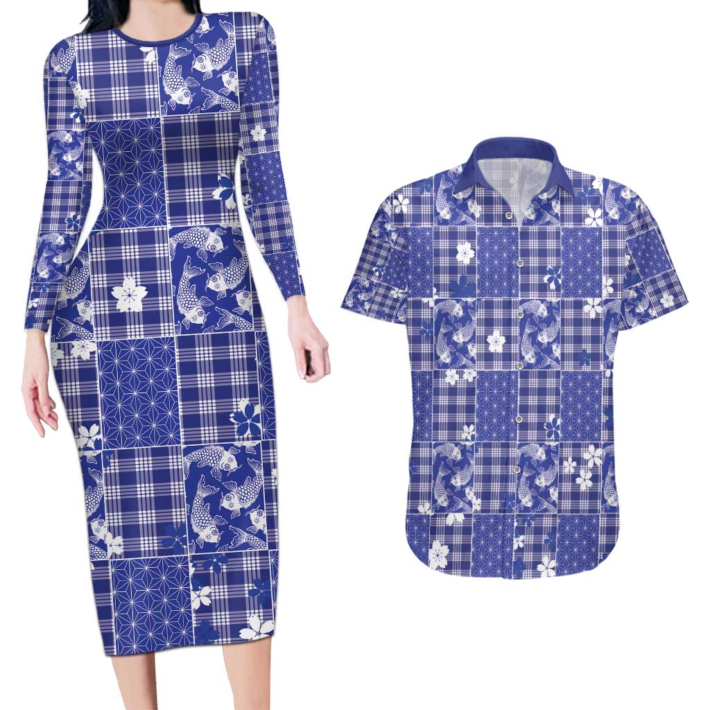 Blue Palaka Japanese Patterns Couples Matching Long Sleeve Bodycon Dress and Hawaiian Shirt Koi Fish Asanoha Sakura Patchwork Stylized - Polynesian Pride