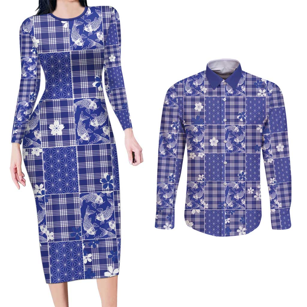 Blue Palaka Japanese Patterns Couples Matching Long Sleeve Bodycon Dress and Long Sleeve Button Shirt Koi Fish Asanoha Sakura Patchwork Stylized - Polynesian Pride