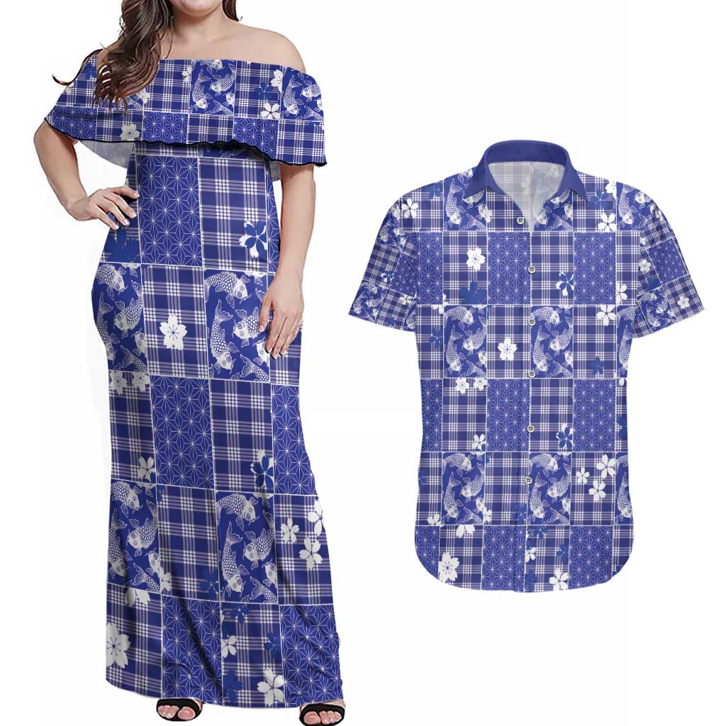 Blue Palaka Japanese Patterns Couples Matching Off Shoulder Maxi Dress and Hawaiian Shirt Koi Fish Asanoha Sakura Patchwork Stylized - Polynesian Pride