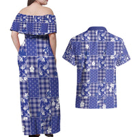 Blue Palaka Japanese Patterns Couples Matching Off Shoulder Maxi Dress and Hawaiian Shirt Koi Fish Asanoha Sakura Patchwork Stylized - Polynesian Pride