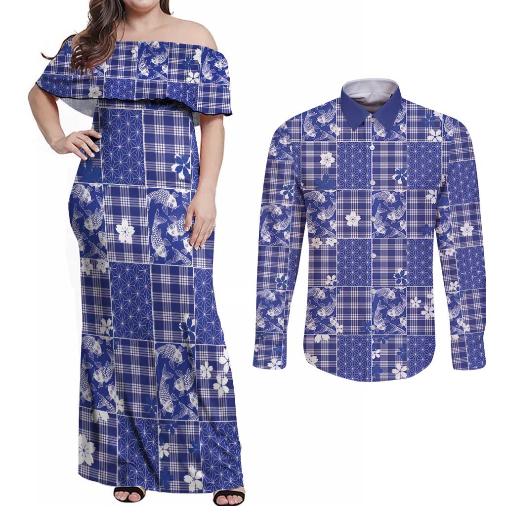 Blue Palaka Japanese Patterns Couples Matching Off Shoulder Maxi Dress and Long Sleeve Button Shirt Koi Fish Asanoha Sakura Patchwork Stylized - Polynesian Pride