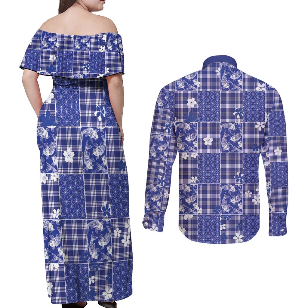 Blue Palaka Japanese Patterns Couples Matching Off Shoulder Maxi Dress and Long Sleeve Button Shirt Koi Fish Asanoha Sakura Patchwork Stylized - Polynesian Pride