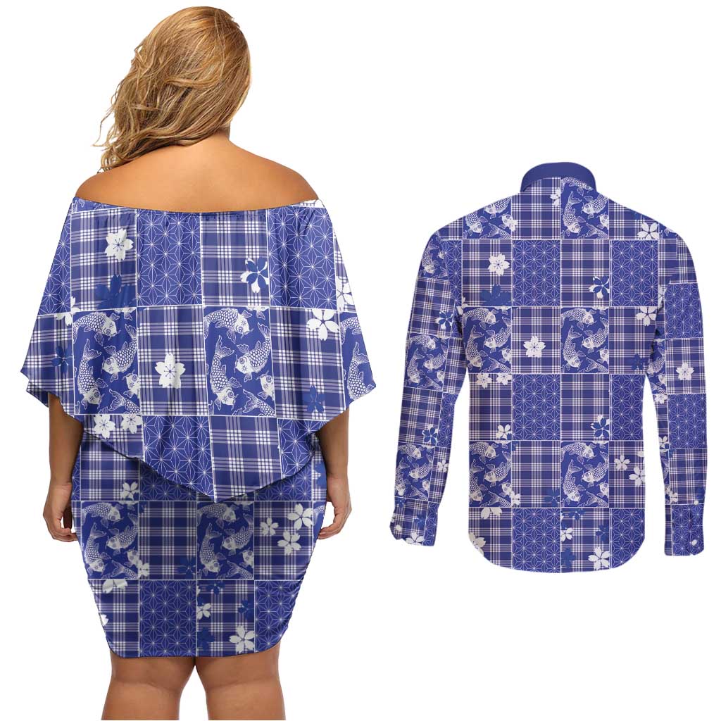 Blue Palaka Japanese Patterns Couples Matching Off Shoulder Short Dress and Long Sleeve Button Shirt Koi Fish Asanoha Sakura Patchwork Stylized - Polynesian Pride
