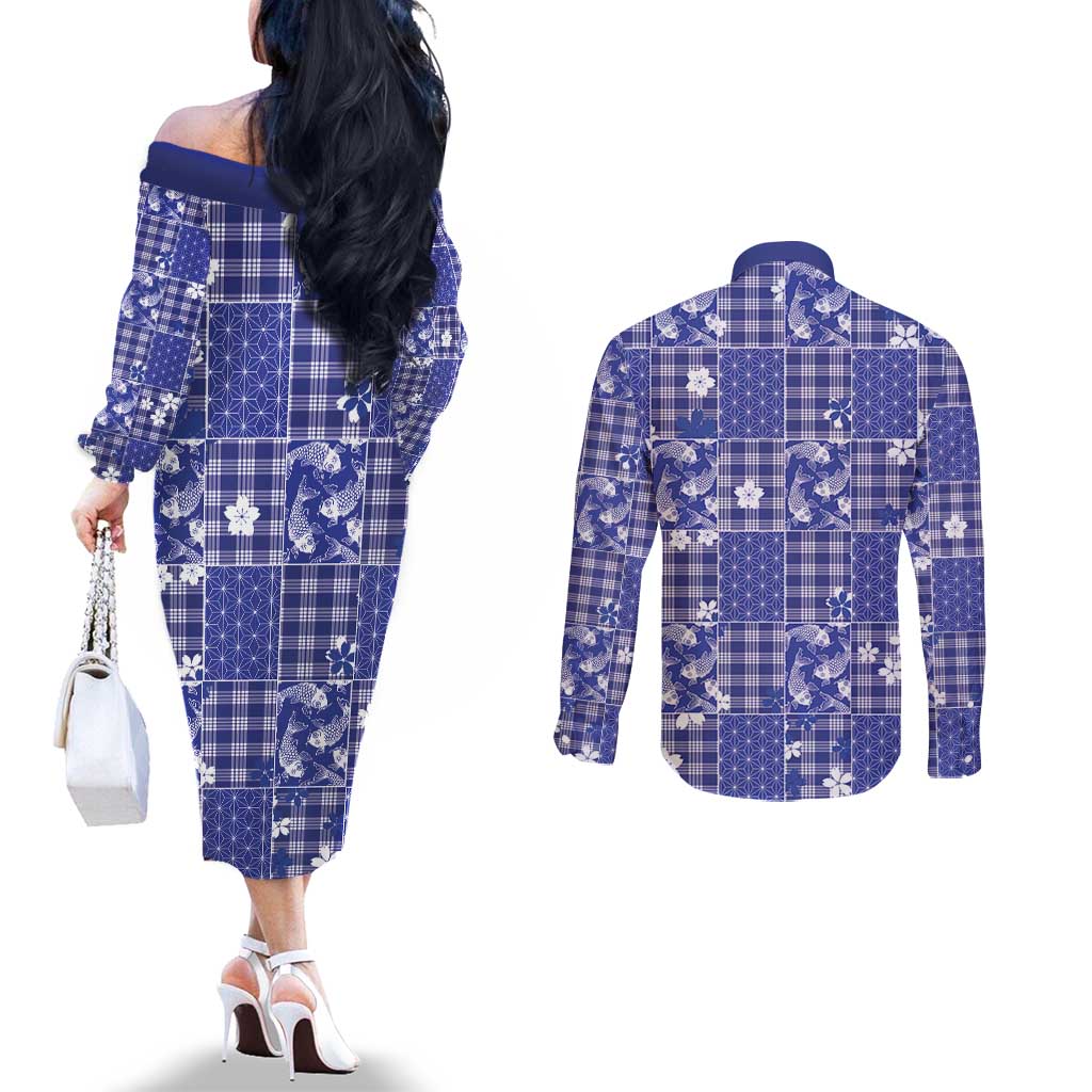 Blue Palaka Japanese Patterns Couples Matching Off The Shoulder Long Sleeve Dress and Long Sleeve Button Shirt Koi Fish Asanoha Sakura Patchwork Stylized - Polynesian Pride