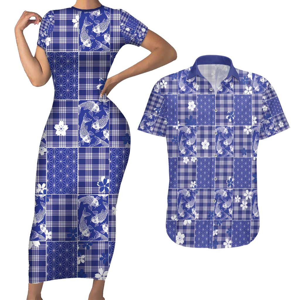 Blue Palaka Japanese Patterns Couples Matching Short Sleeve Bodycon Dress and Hawaiian Shirt Koi Fish Asanoha Sakura Patchwork Stylized - Polynesian Pride