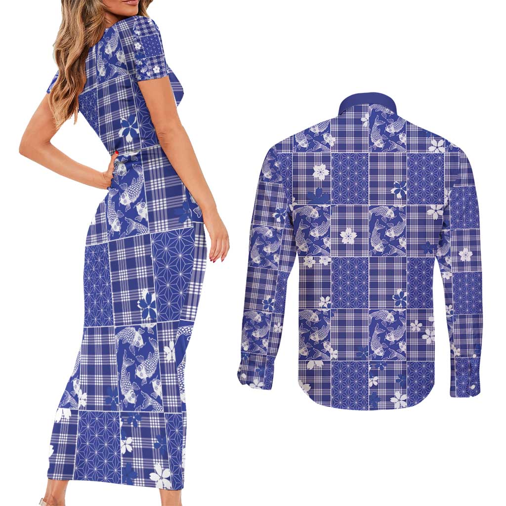 Blue Palaka Japanese Patterns Couples Matching Short Sleeve Bodycon Dress and Long Sleeve Button Shirt Koi Fish Asanoha Sakura Patchwork Stylized - Polynesian Pride