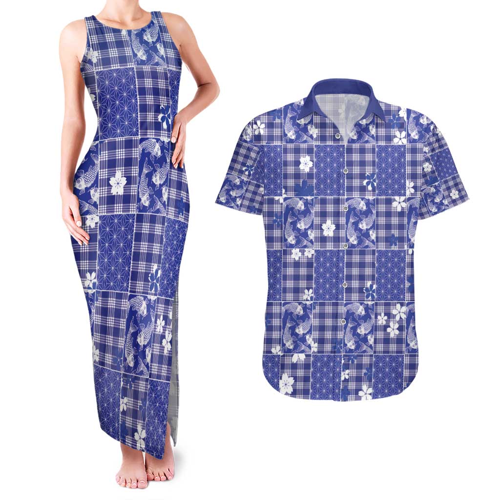 Blue Palaka Japanese Patterns Couples Matching Tank Maxi Dress and Hawaiian Shirt Koi Fish Asanoha Sakura Patchwork Stylized - Polynesian Pride