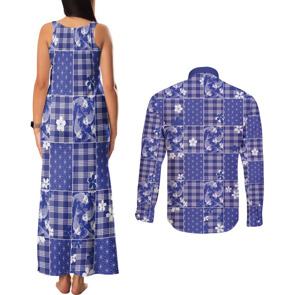 Blue Palaka Japanese Patterns Couples Matching Tank Maxi Dress and Long Sleeve Button Shirt Koi Fish Asanoha Sakura Patchwork Stylized - Polynesian Pride