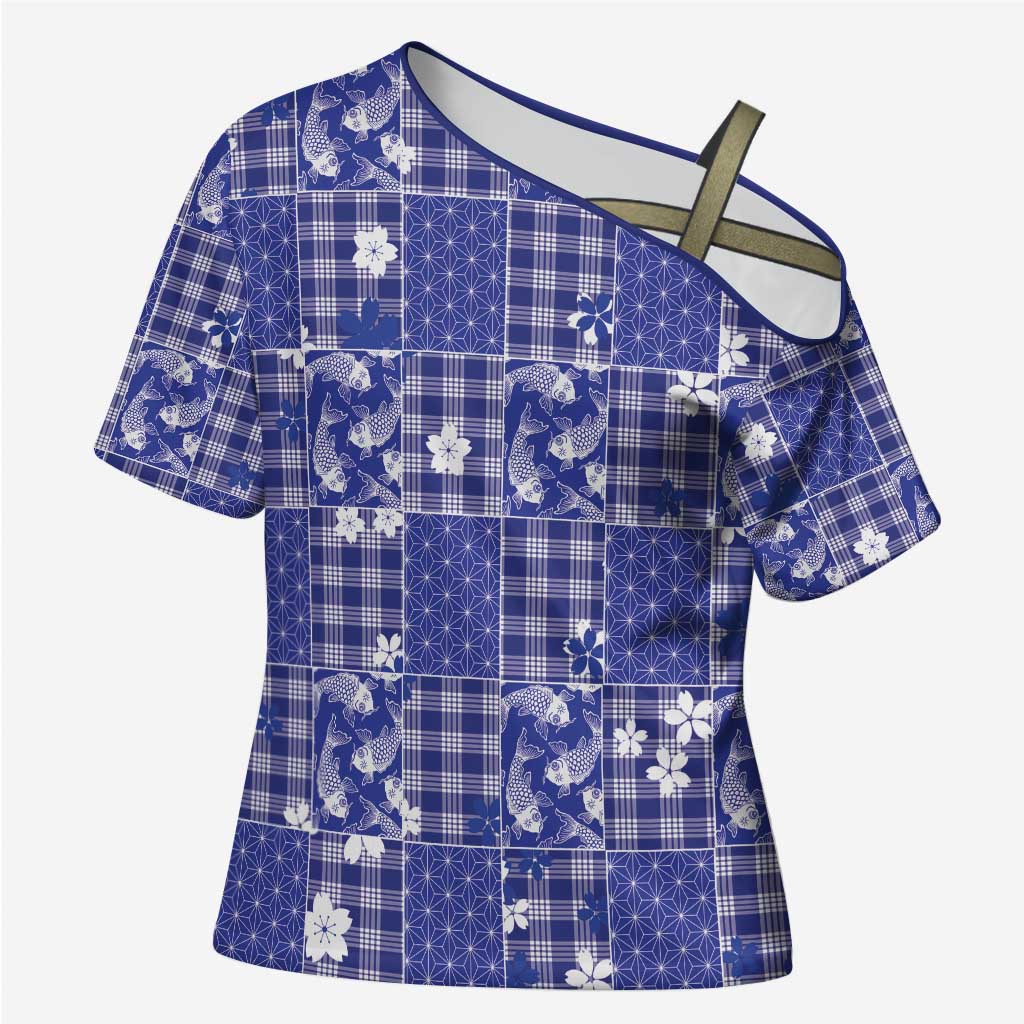 Blue Palaka Japanese Patterns Cross Shoulder Shirt Koi Fish Asanoha Sakura Patchwork Stylized - Polynesian Pride