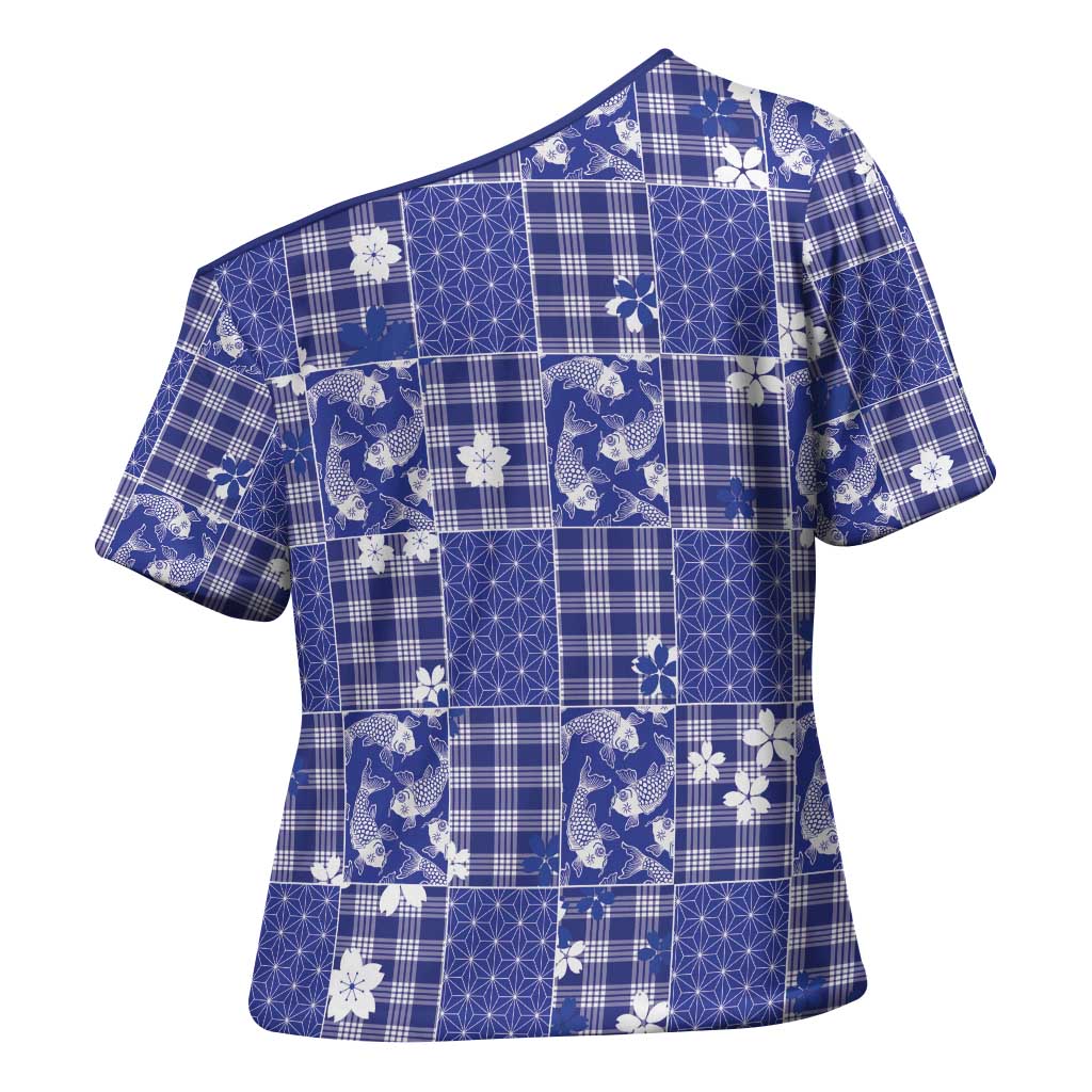 Blue Palaka Japanese Patterns Cross Shoulder Shirt Koi Fish Asanoha Sakura Patchwork Stylized - Polynesian Pride