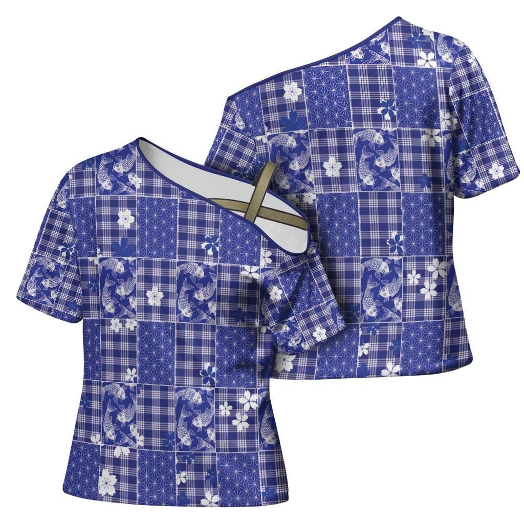 Blue Palaka Japanese Patterns Cross Shoulder Shirt Koi Fish Asanoha Sakura Patchwork Stylized - Polynesian Pride