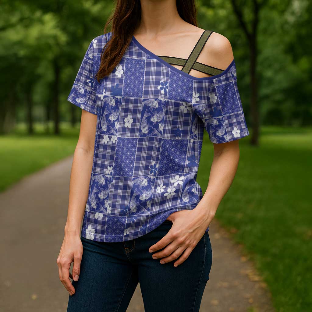 Blue Palaka Japanese Patterns Cross Shoulder Shirt Koi Fish Asanoha Sakura Patchwork Stylized - Polynesian Pride