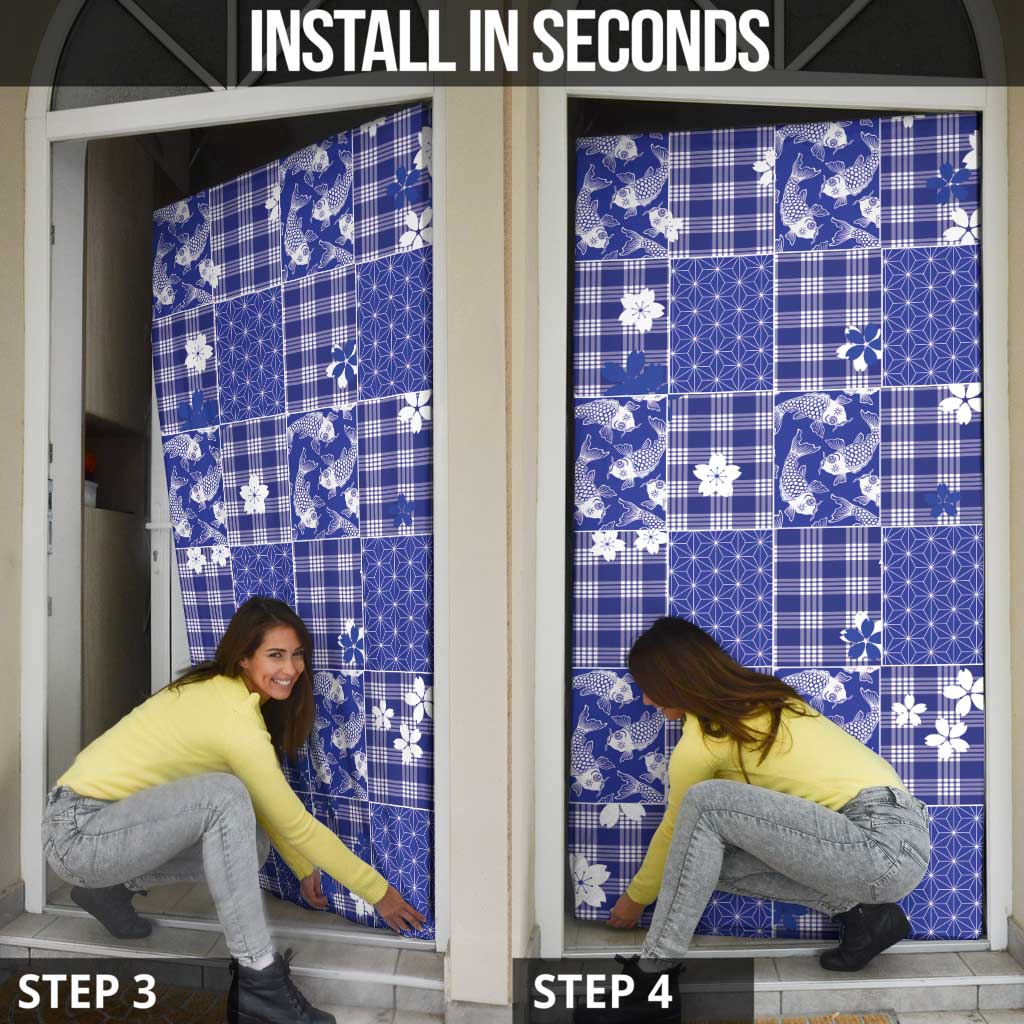 Blue Palaka Japanese Patterns Door Cover Koi Fish Asanoha Sakura Patchwork Stylized - Polynesian Pride