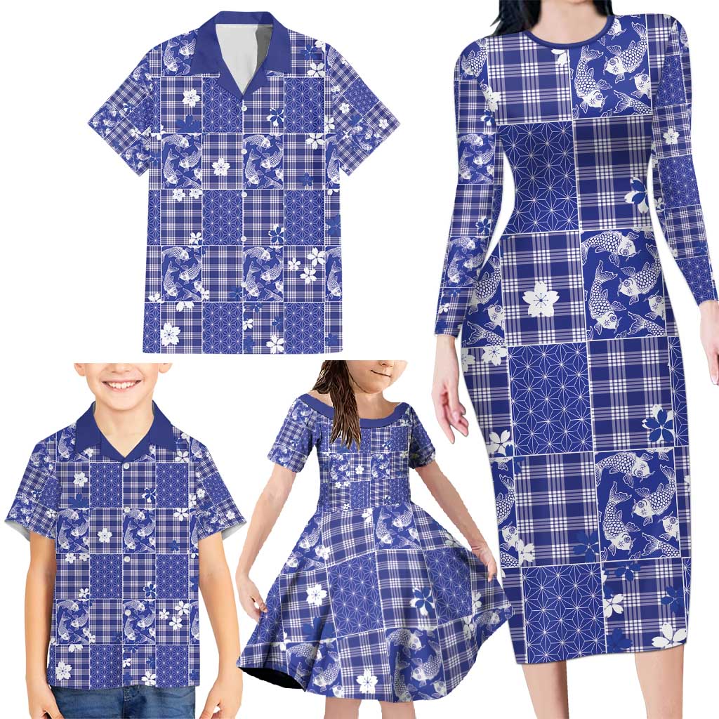 Blue Palaka Japanese Patterns Family Matching Long Sleeve Bodycon Dress and Hawaiian Shirt Koi Fish Asanoha Sakura Patchwork Stylized LT14 - Polynesian Pride