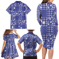 Blue Palaka Japanese Patterns Family Matching Long Sleeve Bodycon Dress and Hawaiian Shirt Koi Fish Asanoha Sakura Patchwork Stylized LT14 - Polynesian Pride