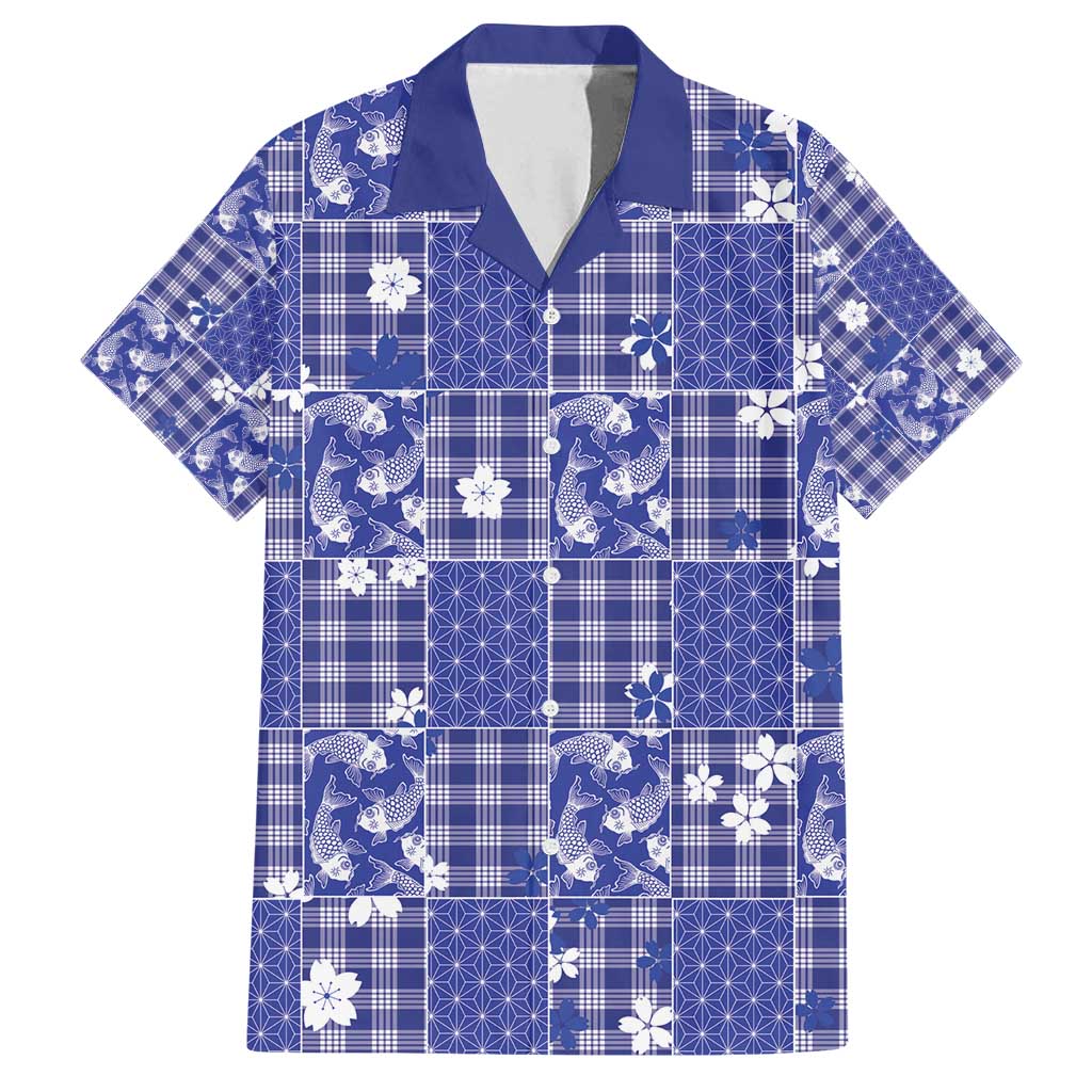 Blue Palaka Japanese Patterns Family Matching Long Sleeve Bodycon Dress and Hawaiian Shirt Koi Fish Asanoha Sakura Patchwork Stylized LT14 Dad's Shirt - Short Sleeve Blue - Polynesian Pride
