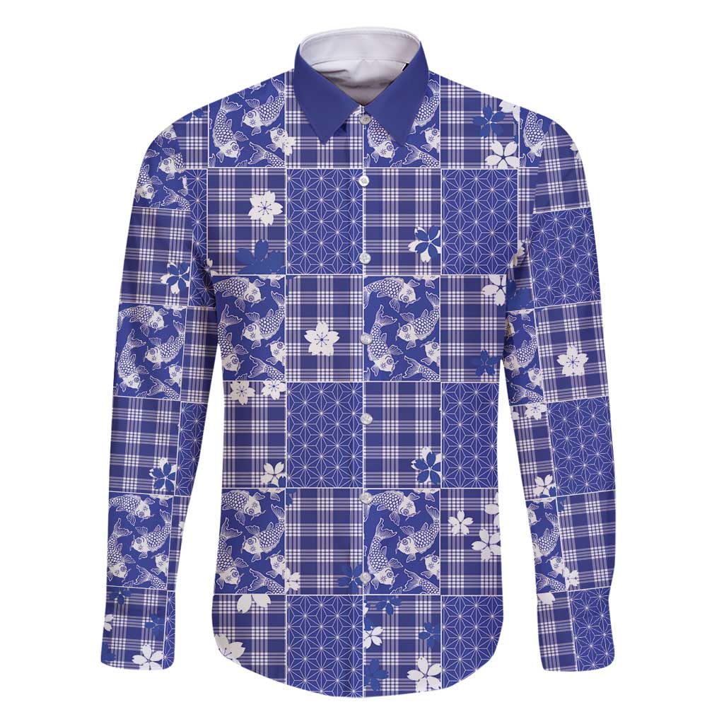 Blue Palaka Japanese Patterns Family Matching Long Sleeve Bodycon Dress and Hawaiian Shirt Koi Fish Asanoha Sakura Patchwork Stylized LT14 Dad's Shirt - Long Sleeve Blue - Polynesian Pride