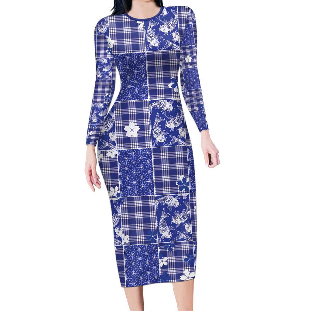 Blue Palaka Japanese Patterns Family Matching Long Sleeve Bodycon Dress and Hawaiian Shirt Koi Fish Asanoha Sakura Patchwork Stylized LT14 Mom's Dress Blue - Polynesian Pride