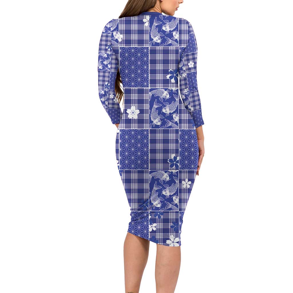 Blue Palaka Japanese Patterns Family Matching Long Sleeve Bodycon Dress and Hawaiian Shirt Koi Fish Asanoha Sakura Patchwork Stylized LT14 - Polynesian Pride