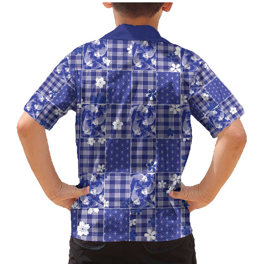 Blue Palaka Japanese Patterns Family Matching Mermaid Dress and Hawaiian Shirt Koi Fish Asanoha Sakura Patchwork Stylized - Polynesian Pride