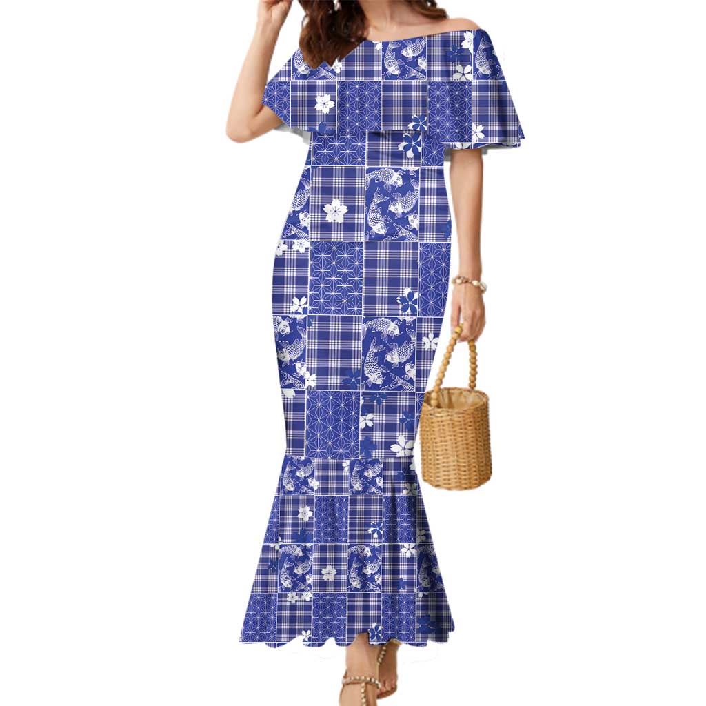 Blue Palaka Japanese Patterns Family Matching Mermaid Dress and Hawaiian Shirt Koi Fish Asanoha Sakura Patchwork Stylized - Polynesian Pride