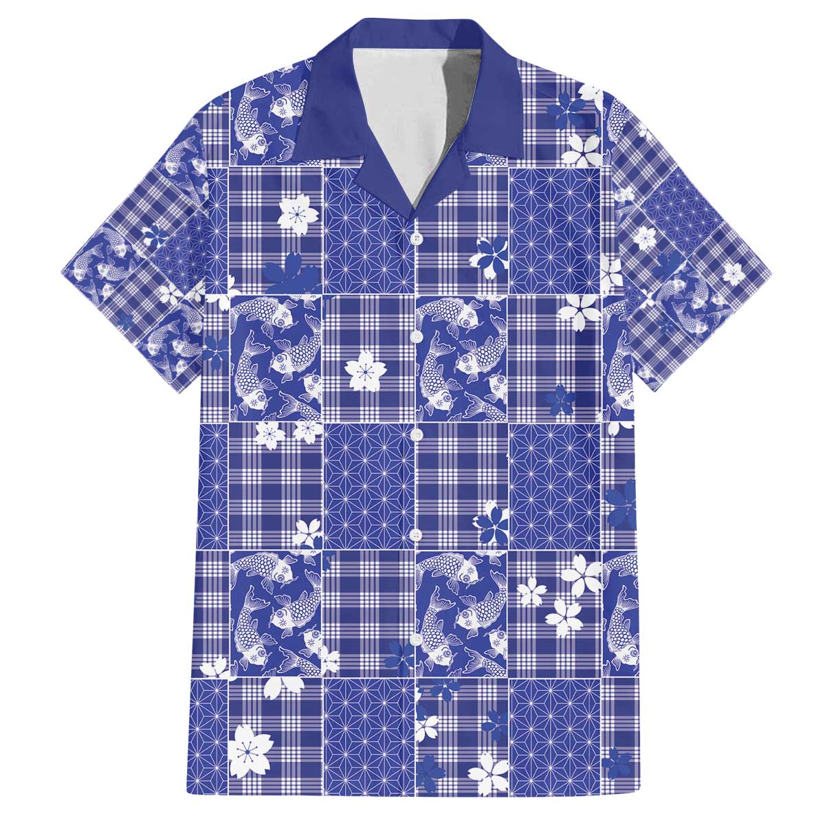Blue Palaka Japanese Patterns Family Matching Off The Shoulder Long Sleeve Dress and Hawaiian Shirt Koi Fish Asanoha Sakura Patchwork Stylized LT14 Dad's Shirt - Short Sleeve Blue - Polynesian Pride