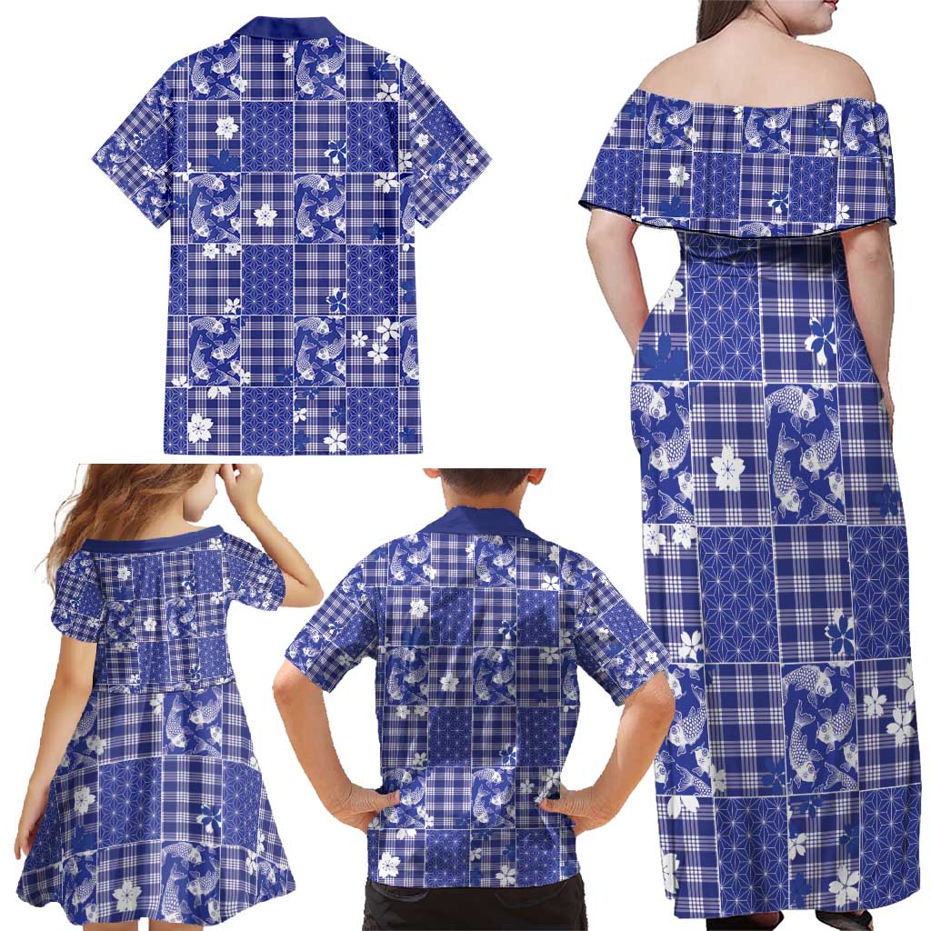 Blue Palaka Japanese Patterns Family Matching Off Shoulder Maxi Dress and Hawaiian Shirt Koi Fish Asanoha Sakura Patchwork Stylized - Polynesian Pride