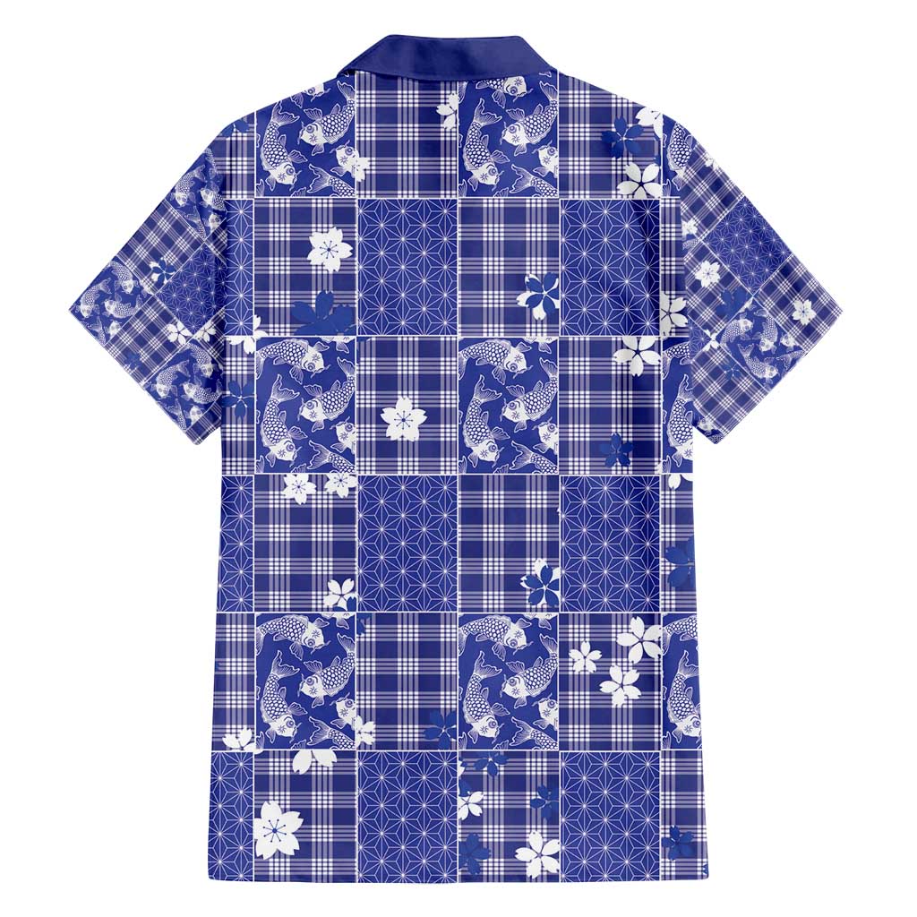 Blue Palaka Japanese Patterns Family Matching Off Shoulder Maxi Dress and Hawaiian Shirt Koi Fish Asanoha Sakura Patchwork Stylized - Polynesian Pride
