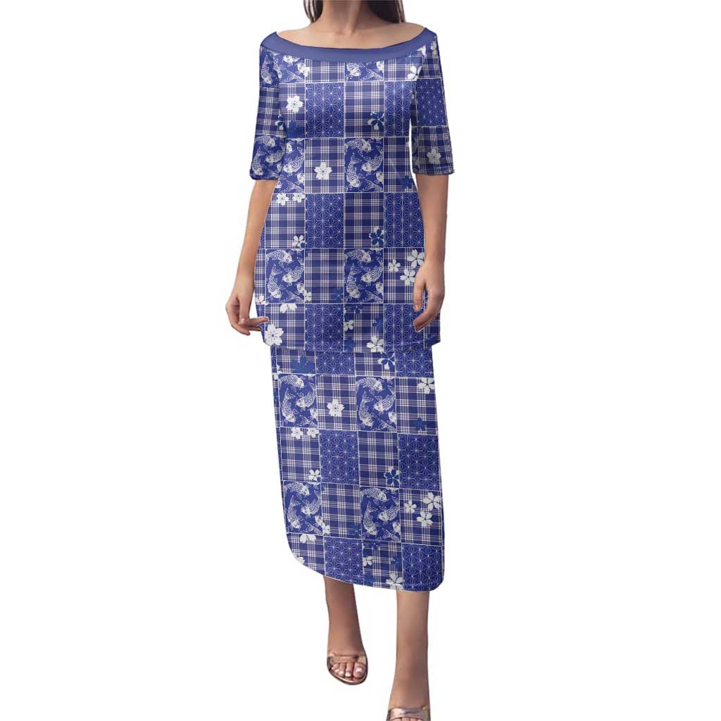 Blue Palaka Japanese Patterns Family Matching Puletasi and Hawaiian Shirt Koi Fish Asanoha Sakura Patchwork Stylized - Polynesian Pride