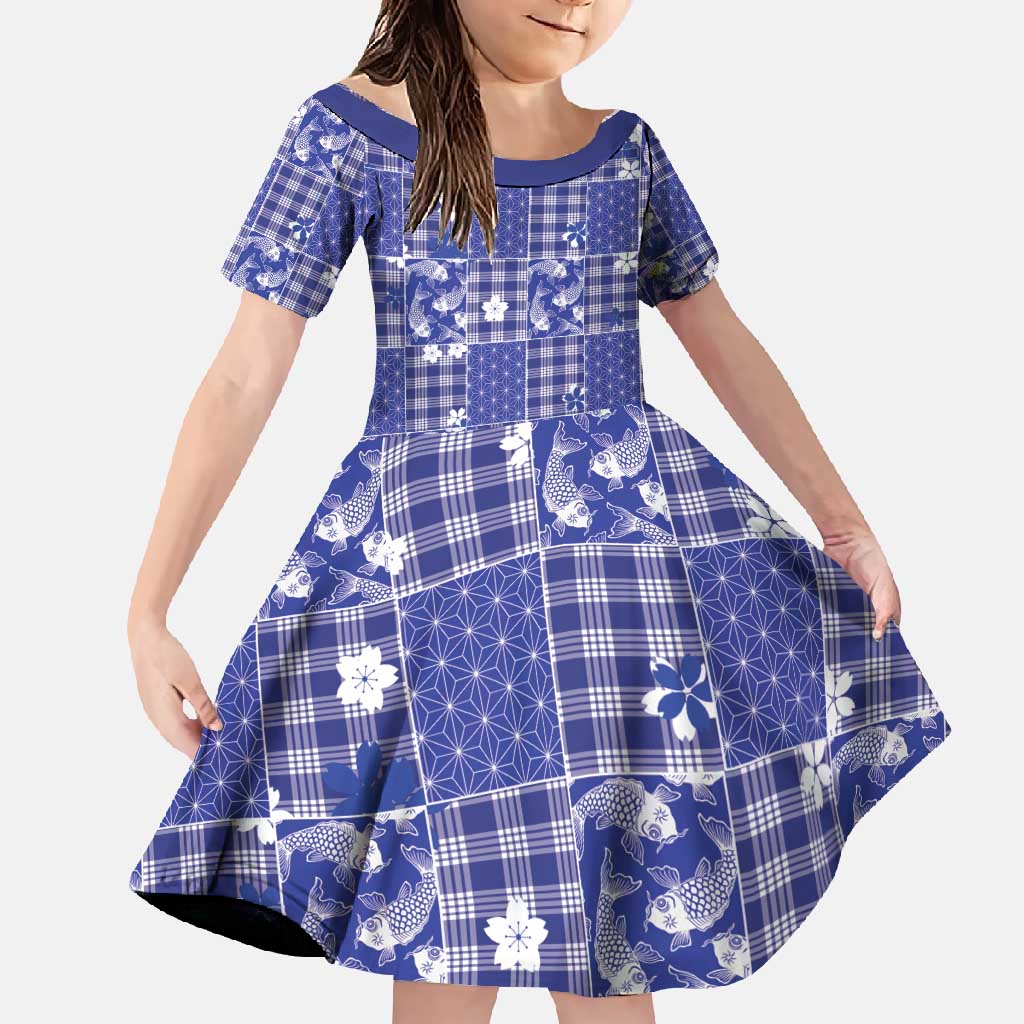 Blue Palaka Japanese Patterns Family Matching Short Sleeve Bodycon Dress and Hawaiian Shirt Koi Fish Asanoha Sakura Patchwork Stylized LT14 Daughter's Dress Blue - Polynesian Pride