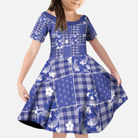 Blue Palaka Japanese Patterns Family Matching Short Sleeve Bodycon Dress and Hawaiian Shirt Koi Fish Asanoha Sakura Patchwork Stylized LT14 Daughter's Dress Blue - Polynesian Pride