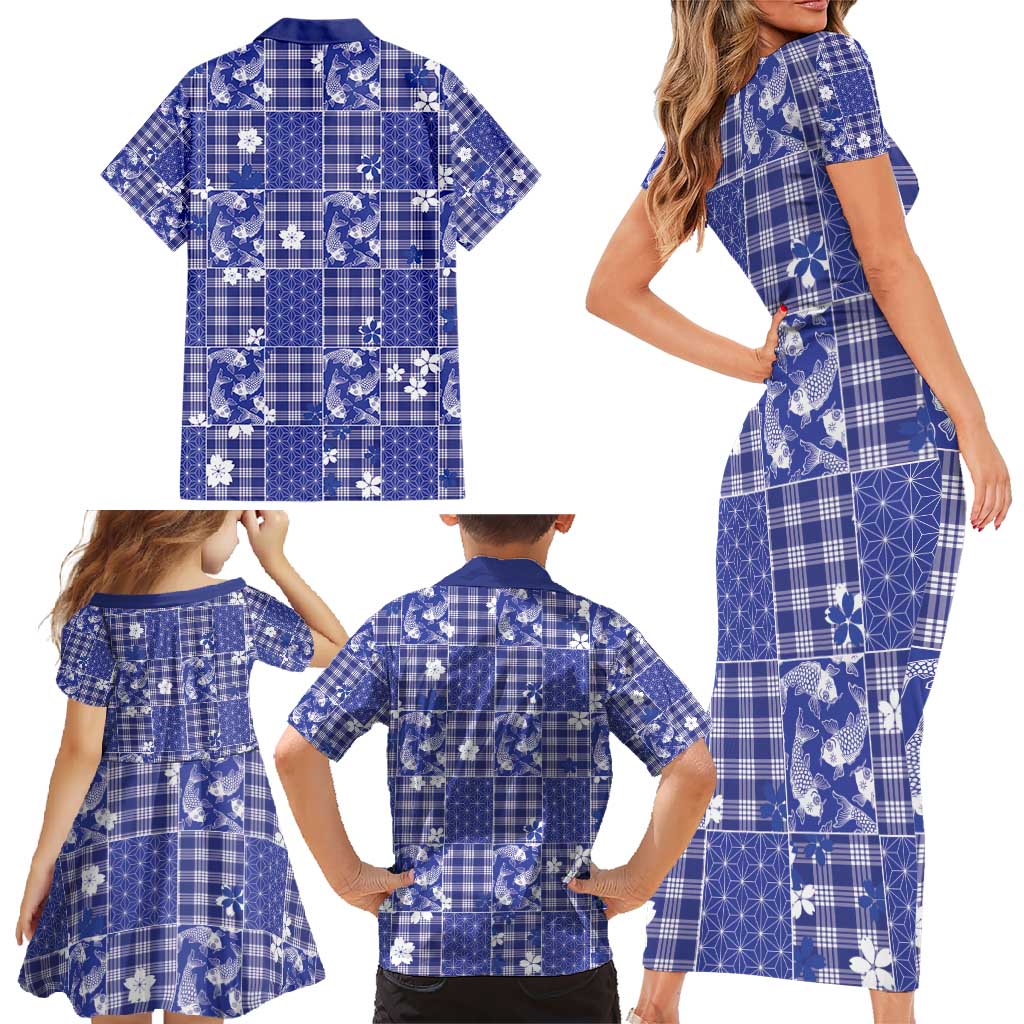 Blue Palaka Japanese Patterns Family Matching Short Sleeve Bodycon Dress and Hawaiian Shirt Koi Fish Asanoha Sakura Patchwork Stylized LT14 - Polynesian Pride