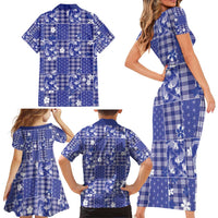 Blue Palaka Japanese Patterns Family Matching Short Sleeve Bodycon Dress and Hawaiian Shirt Koi Fish Asanoha Sakura Patchwork Stylized LT14 - Polynesian Pride