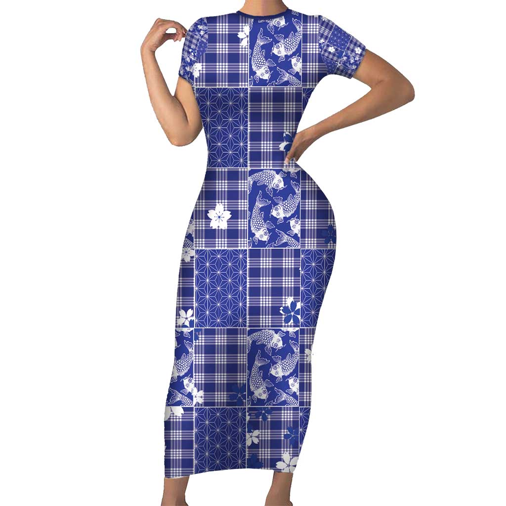 Blue Palaka Japanese Patterns Family Matching Short Sleeve Bodycon Dress and Hawaiian Shirt Koi Fish Asanoha Sakura Patchwork Stylized LT14 Mom's Dress Blue - Polynesian Pride