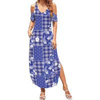 Blue Palaka Japanese Patterns Family Matching Summer Maxi Dress and Hawaiian Shirt Koi Fish Asanoha Sakura Patchwork Stylized - Polynesian Pride