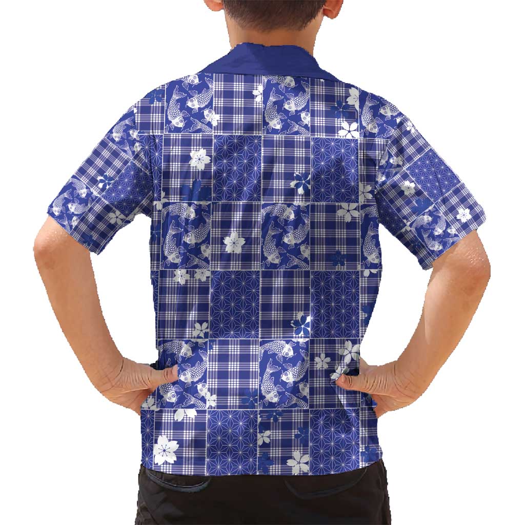 Blue Palaka Japanese Patterns Family Matching Tank Maxi Dress and Hawaiian Shirt Koi Fish Asanoha Sakura Patchwork Stylized - Polynesian Pride