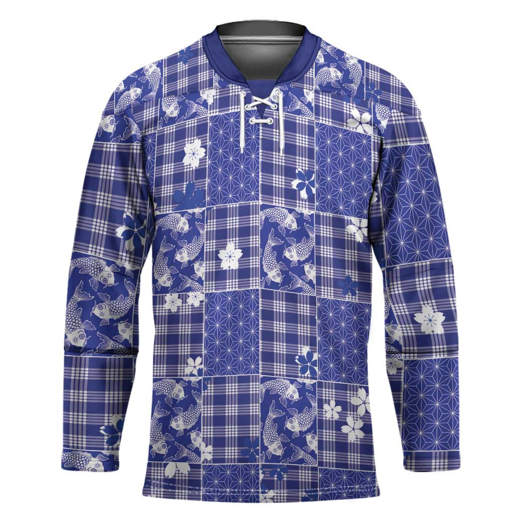 Blue Palaka Japanese Patterns Hockey Jersey Koi Fish Asanoha Sakura Patchwork Stylized LT14 Unisex Blue - Polynesian Pride